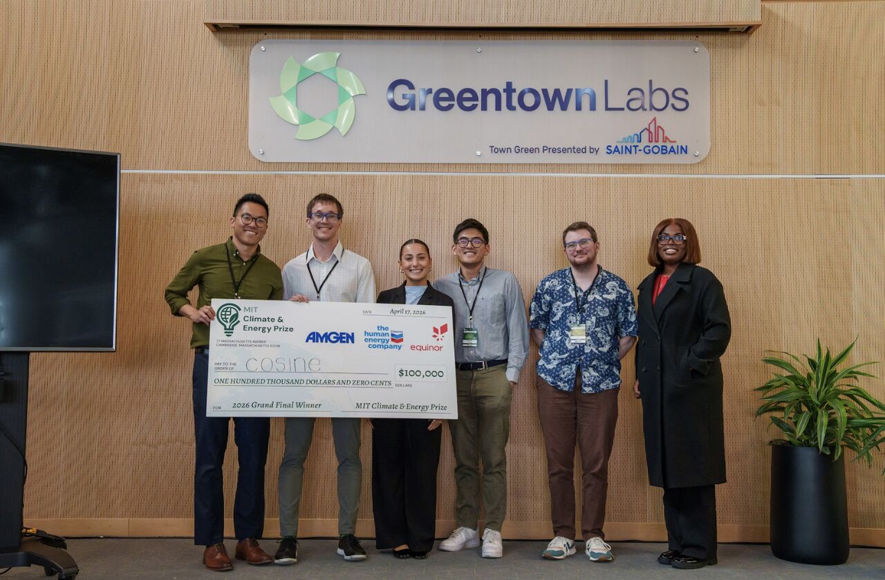 The Cosine team holding the $100,000 MIT Climate & Energy Prize check at Greentown Labs